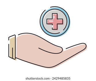 Vector isolated line icon. Symbol of a human hand holding a medical cross.