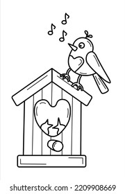 Vector isolated line illustration a singing bird on a birdhouse spring, easter theme. Good for coloring books, postcards, web design.