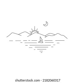 Vector Isolated Line Landscape Sun Under Mountains, Sea, Moon, Small Ship Colorless Black And White Contour Line Drawing