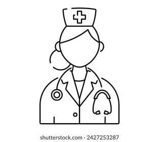 Vector isolated line medical icon. Female doctor or nurse with a stethoscope.