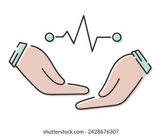 Vector isolated line medical icon. Human hands holding a cardiogram symbol.