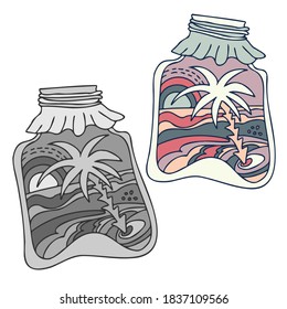Vector isolated lined design set of jars with lined sea landscape with palm tree on island inside, grey and colored. The design is perfect for stickers, logos, advertisements, badges, illustrations