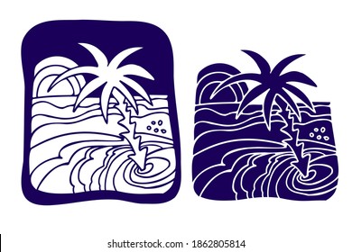Vector isolated lined design set of sea landscape with palm tree and sun in blue. The design is perfect for stickers, decorations, logos, textiles, advertisements