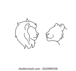 Vector isolated lion and lioness head line drawing. Contour lion and lioness head symbol