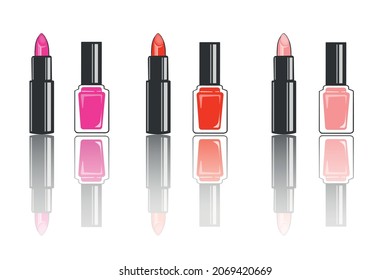 Vector aislado de lápiz labial y conjunto polaco de uñas con reflexión. Aislado en fondo blanco.