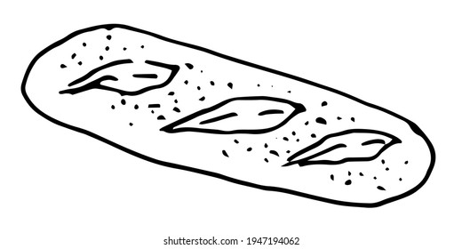 Vector isolated loaf element with three cuts and a dot texture topped with a sprinkle black outline hand drawn in doodle style top view on a white background for a bakery design template, menu, label,