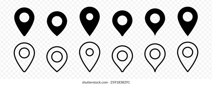 Vector isolated Location icon set in black outline and fill