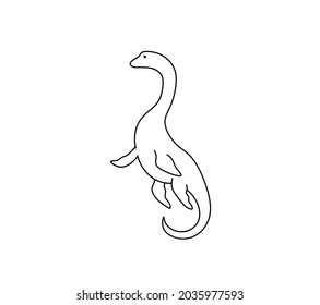 Vector isolated Loch Ness Monster contour line graphic drawing. Colorless black and white ness monster underwater dino outline sketch