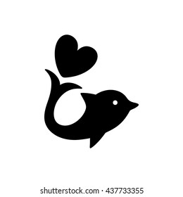 Vector isolated logo dolphin and heart. Black easy silhouette. Cute symbol fish. Easy sign. Pictograph. Symbol sea. Icon love. Element tattoo.