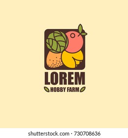 Vector isolated logo for fruits, vegetables, egg and flower hobby farm or company. Apple, cabbage, egg and flower linear colorful icons in the brown square.