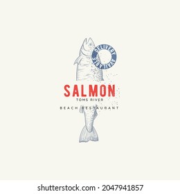 Vector isolated logo template of marine restaurant. Sea food graphic sign with salmon fish in sketch style. Hand drawn salmon fish illustration  for your design, badge, printing and label.