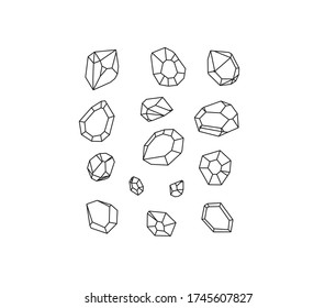 Conjunto aislado de vectores de cristales minerales de contorno. Dibujo de línea blanca y negra de la formación de rocas estilizadas. 