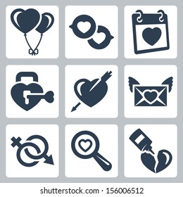 Vector isolated love icons set: balloons, speech bubbles, Valentine's Day, lock, heart and arrow, love letter, gender symbol, search, broken heart