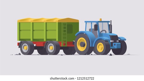 Vector isolated low poly blue tractor with green trailer