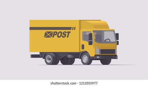 Vector isolated low poly flat isometric 3d yellow post lorry truck