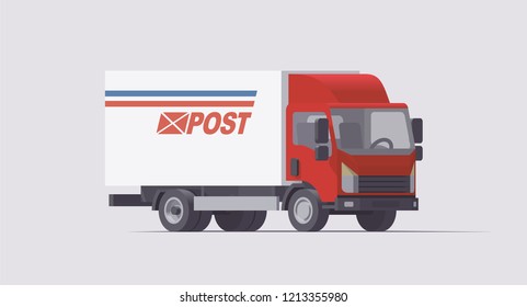 Vector isolated low poly flat isometric 3d red blue white post lorry truck