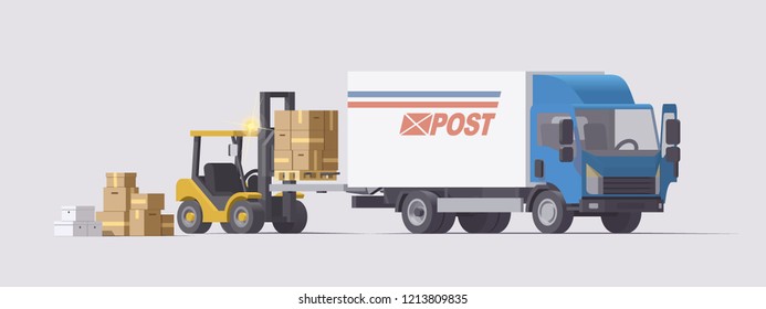 Vector isolated low poly flat isometric 3d post office forklift loading pallets with boxes into lorry truck