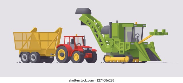 Vector isolated low poly green sugarcane combine harvester and red tractor with yellow cane trailer