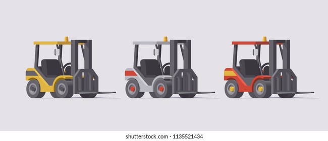 Vector isolated low poly isometric flat 3d colorful rough terrain forklift set