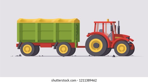 Vector isolated low poly isometric flat 3d red tractor and trailer