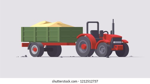 Vector isolated low poly red mini tractor with green trailer