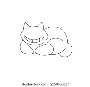 Vector isolated lying cheshire cat with wide toothy smile colorless black and white contour line drawing