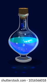Vector isolated magic bottle with bright lightning blue potion; element of app user fantasy game interface; blue aqua potion with bubbles and bright radiation