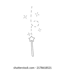 Vector isolated magic wand with a star tip with magic dust trace colorless black and white contour line drawing