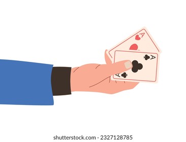 Vector isolated male hand in a suit holding two playing cards, the concept of the board logic game poker, flat style.