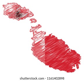 Vector of isolated Malt map with the flag. Engraving style hatching pen pencil painting illustration concept.