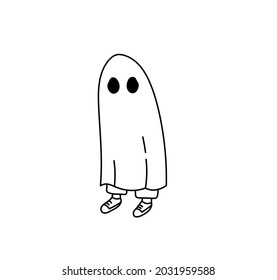 Vector isolated the man in the costume of a ghost under a white sheet. Halloween costume graphic doodle black and white drawing