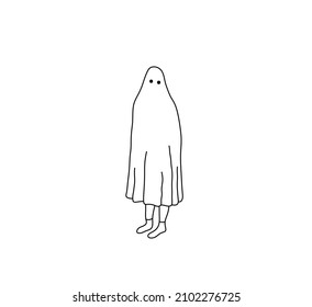 Vector isolated the man in the costume of a ghost under a white sheet. Halloween costume graphic doodle black and white drawing
