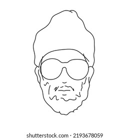 Vector Isolated Man Guy With Beard In Beanie Hat And Sun Glasses Full Face Portrait Colorless Black And White Contour Line Hand Drawing