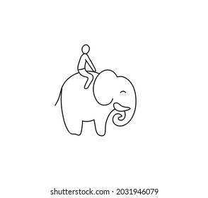 Vector isolated man sitting on the elephant contour line drawn icon, logotype, symbol 