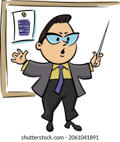 Vector isolated man in suit in front of the board. Teacher in glasses explaining knowledge