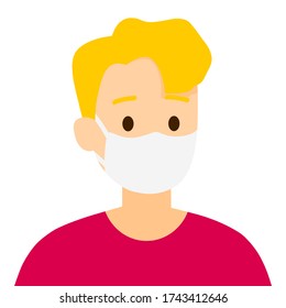 Vector isolated a man is wearing a medical mask to protect himself from COVID-19 with long gold hair with bangs on white background, illustration