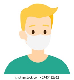 Vector isolated a man is wearing a medical mask to protect himself from COVID-19 with short gold hair on white background, illustration