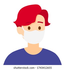Vector isolated a man is wearing a medical mask to protect himself from COVID-19 with short red hair with bangs on white background, illustration