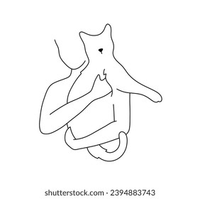 Vector isolated man or woman with cat in arms colorless black and white contour line easy drawing