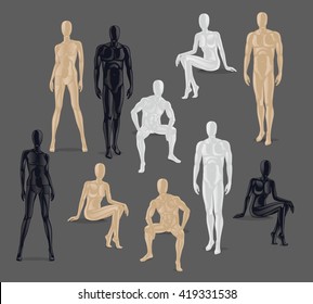 Vector Isolated Mannequins. Different poses and colurs male and female mannequin icons. 