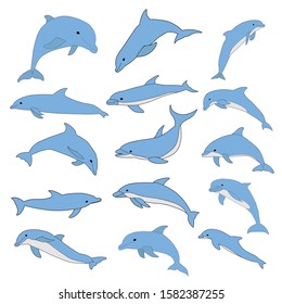 vector, isolated, marine dolphin, blue, jumping, set