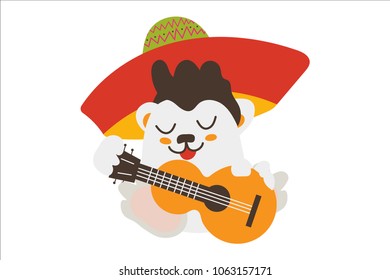 Vector isolated mascot illustration: funny Mexican cute character playing guitar with sombrero on. Great for Cinco de Mayo materials. Cartoon Mexican mouse playing guitar.