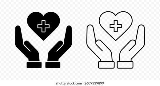 Vector isolated Medical Heart in Hand icon set in black outline and fill