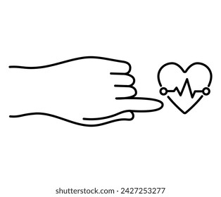 Vector isolated medical line icon, human hand touching heart symbol with cardiogram.