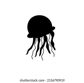 Vector isolated medusa dome with long tentacles outline black colored silhouette shadow