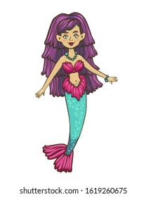 Vector isolated mermaid with dark skin and purple hair. Cartoon children illustration