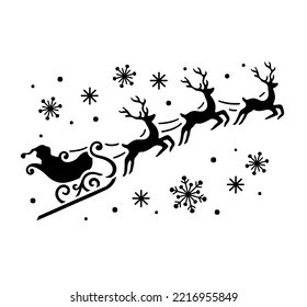 Vector isolated Merry Christmas Santa sleigh three deers side view snowflakes decorative black stencil new year greeting card 