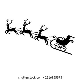 Vector isolated Merry Christmas Santa sleigh three deers side view  decorative black stencil new year greeting card 