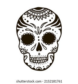 Vector isolated mexican skull with decorations. Doodle outline artwork.