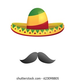 Vector isolated mexican sombrero hat and with moustache for funny decoration. Concept of Happy Cinco De Mayo.